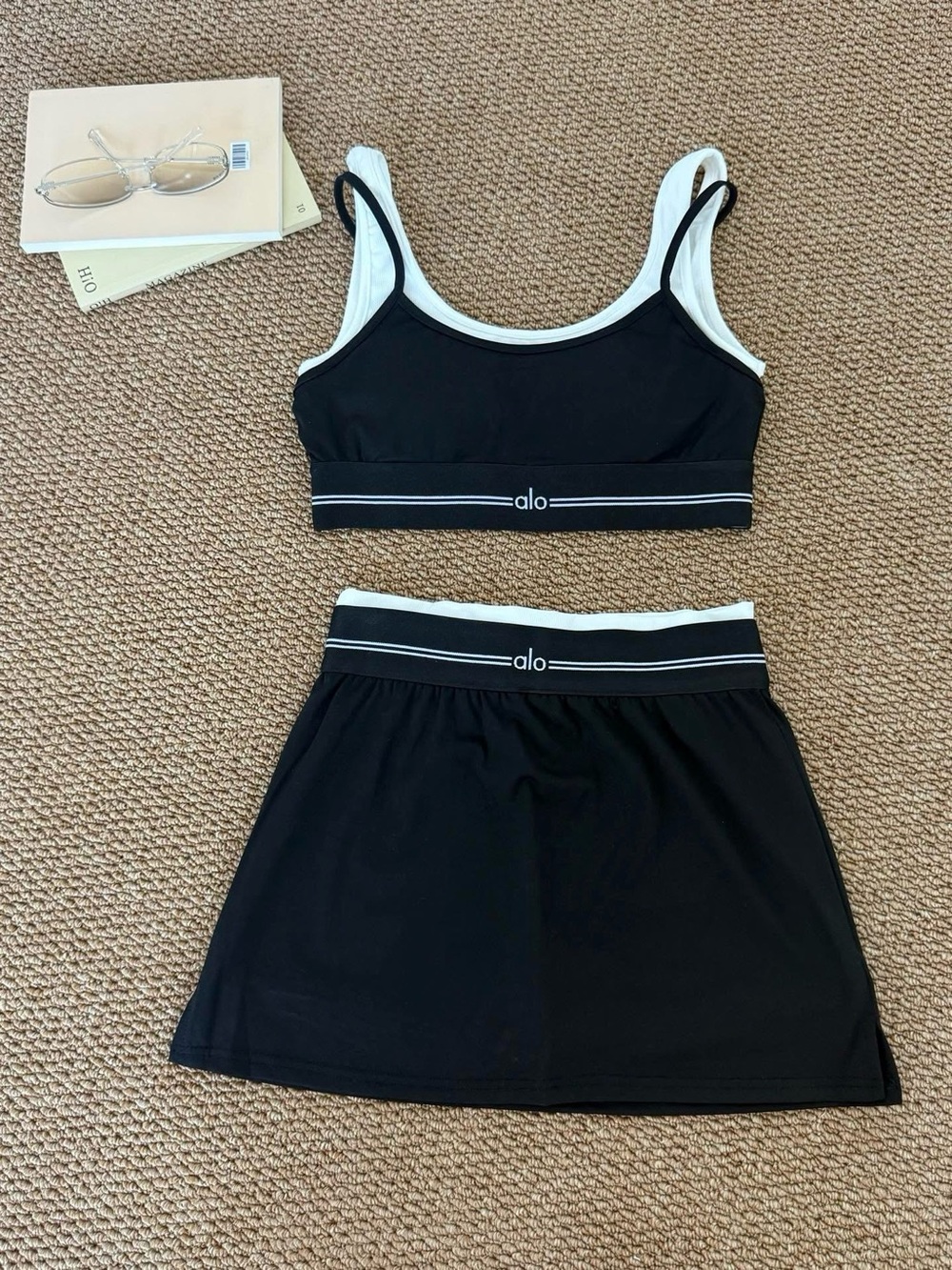 ALO Yoga Black Mini Skirt with White-Trim Waistband